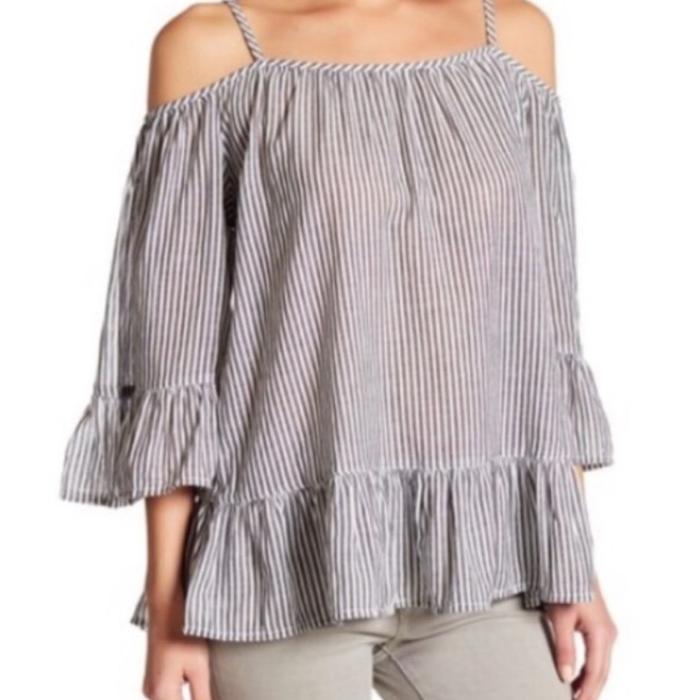 Beachlunchlounge size small, striped boho top, blue / gray and white striped